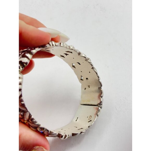 Brighton Silver Floral Daisy Hinged Bracelet With Yellow & White Rhinestones - Picture 2 of 5